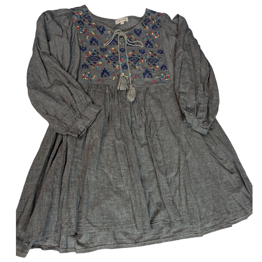 VELZERA Gray Cotton Boho Embroidered Mini Dress Small Tassel Tie Neck Peasant